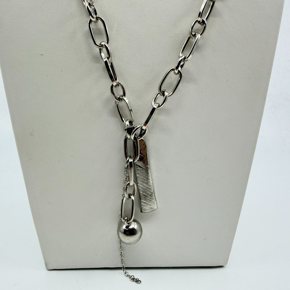 VTG Silver Tone Multi Layer Paperclip Chain Necklace Ball Bar Charms Asymmetric